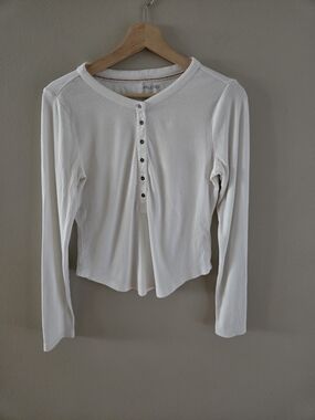 Pilcro by Anthropologie White Ribbed Long Sleeve Henley Top